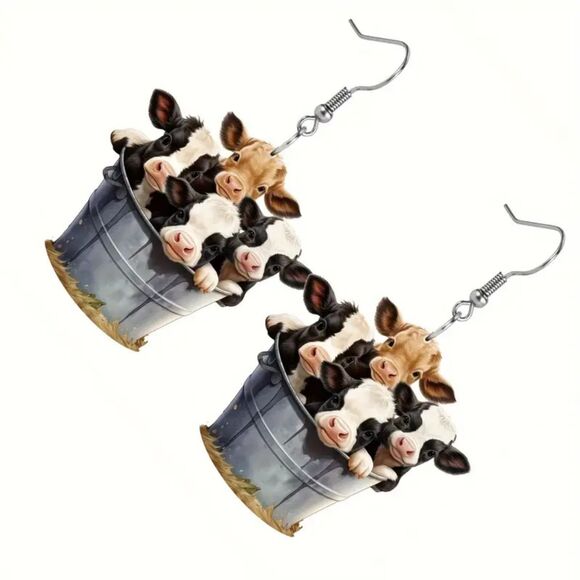New Adorable Bucket Cow Design Dangle Acrylic Earrings - Picture 5 of 6